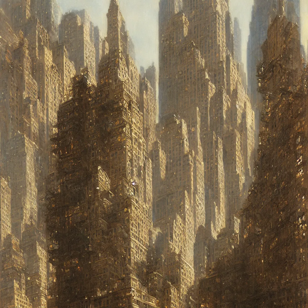 Prompt: detailed cinematic low angle shot of new york chrysller building, spring light, painting by gaston bussiere, craig mullins, j. c. leyendecker