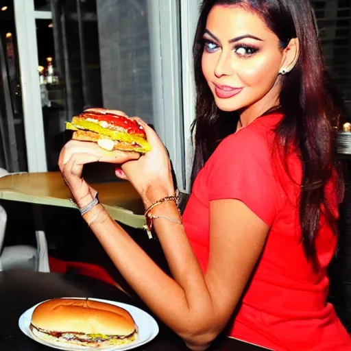 Prompt: paparazzi photo of internet celebrity singer ayesha nicole smith eating a hamburger