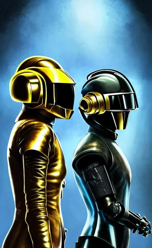 Image similar to portrait of 2 Daft Punk Robots as a character in arabian Cyberpunk 2077, looking at camera, intricate, dystopian, sci-fi, extremely detailed, digital painting, artstation, concept art, smooth, sharp focus, illustration, intimidating lighting, chrome reflexions, incredible art by artgerm and greg rutkowski and alphonse mucha and simon stalenhag