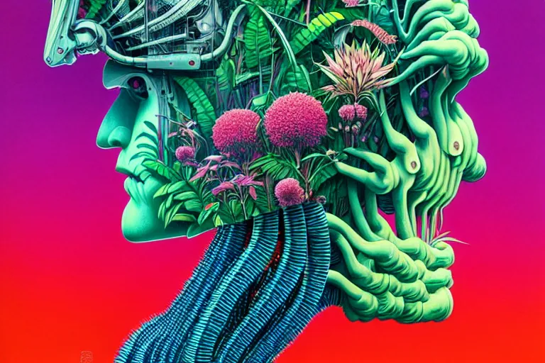 Image similar to gigantic robot head, a lot of exotic vegetation, trees, flowers by moebius, junji ito, tristan eaton, victo ngai, artgerm, rhads, ross draws, hyperrealism, intricate detailed, risograph