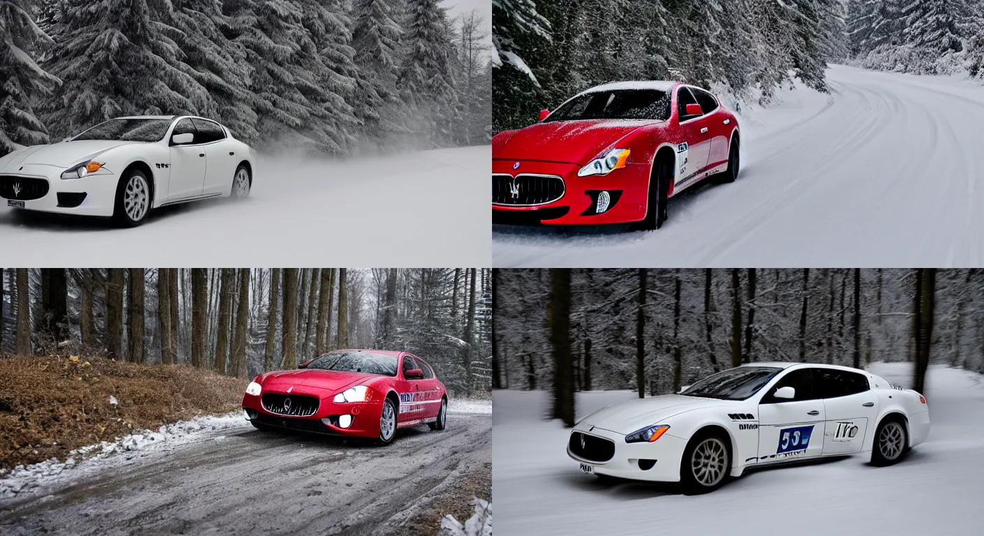 Prompt: a 2 0 1 1 maserati quattroporte sport gt s, racing through a rally stage in a snowy forest