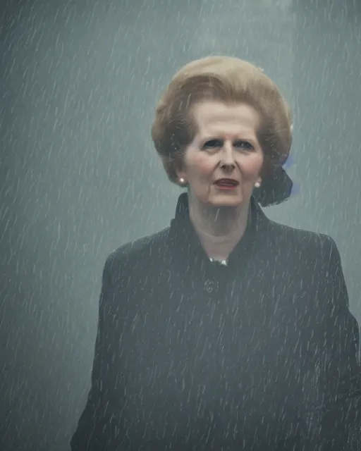 Image similar to margaret thatcher drenched in torrential rainstorm, full body, atmospheric moody hyper realistic award winning color cinematic still 8 k