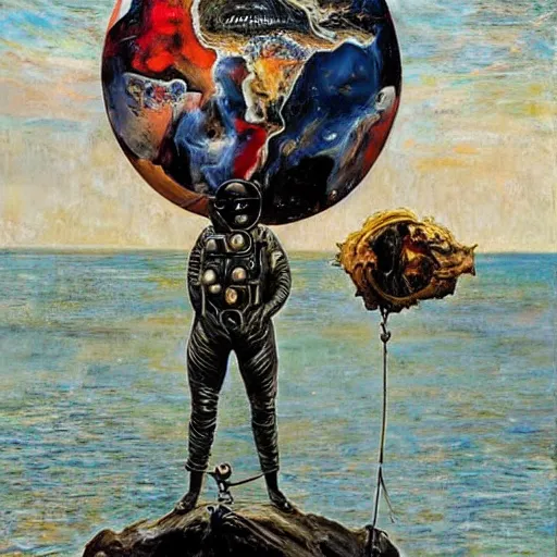 Image similar to by tim okamura improvisational salvador dali. a beautiful installation art of astronaut standing on a planet with a flag in the background.