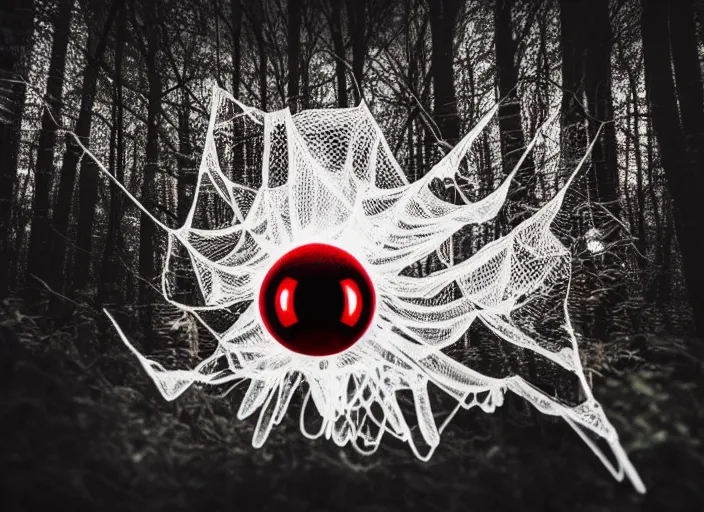 Image similar to white crystal clear spider with huge red eyes in a forest. highly detailed 8 k. intricate. lifelike. soft light. fantasy horror style. cinematic post - processing