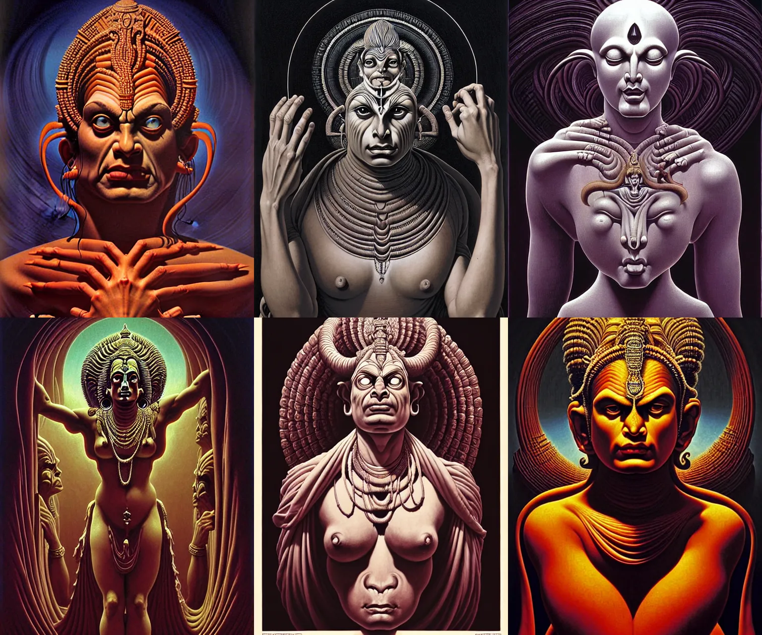 Prompt: a cinematic masterpiece bust portrait of a colossal gothic Hindu demon goddess of grief, sorrow and despair, head and upper body only, by Alex Grey, by Wayne Barlowe, by Tim Hildebrandt, by Bruce Pennington, by Zdzisław Beksiński, by Paul Lehr, by Antonio Canova, by Caravaggio, by by Jacques-Louis David, oil on canvas, masterpiece, trending on artstation, featured on pixiv, cinematic composition, astrophotography, dramatic pose, beautiful lighting, sharp, details, details, details, hyper-detailed, no frames, HD, HDR, 4K, 8K