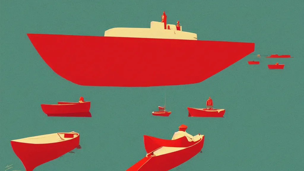 Image similar to a red boat floating on top of a body of water, a screenprint by Tom Whalen, behance contest winner, australian tonalism, matte drawing, outrun, low poly