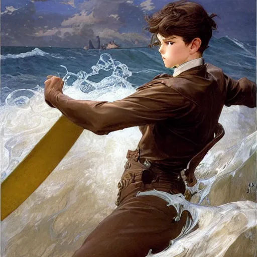 Image similar to epic battle brown haired boy summons a huge wave of water. jc leyendecker shigenori soejima. gaston bussiere