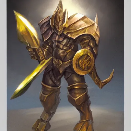 Image similar to a concept art of a strong antropomorphic dragon paladin knight with his shiny armature and a big war hammer. orb light