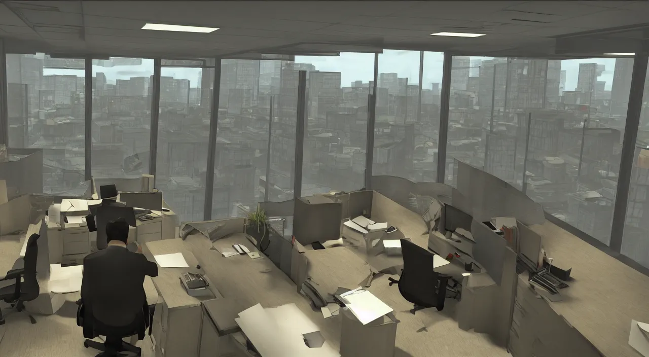 Image similar to A man in the office at 3AM with multiple cubicles and a window that provides a view of the city, Source Engine, Gmod, Half Life 2