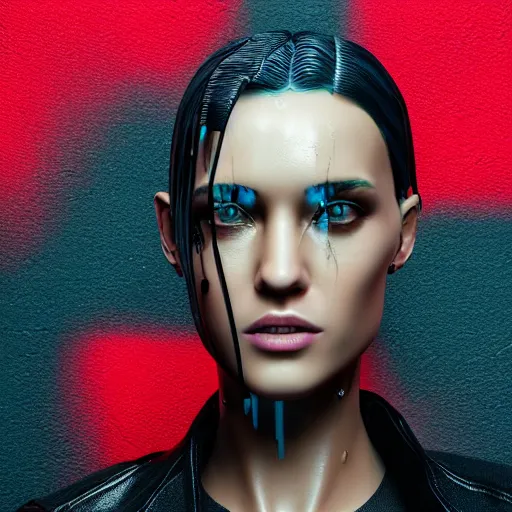 Prompt: stylish woman cartoon portrait made out of rain, leather jacket, cyberpunk background, rendered in octane, unreal engine, highly detailed, trending on artstation, realistic, neon, beautiful