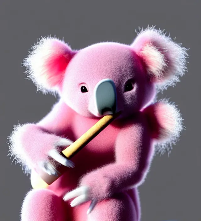 Image similar to high quality 3 d render hyperrealistic very cute small pink koala smoking weed joint, rising smoke, plush mascot, short spiky dense fluffy smooth hair, photo from the side, pink fluffy fur, 1 5 0 mm, beautiful natural soft light, rim light, vray, smooth background, artstation, ultra detailed