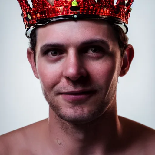 Image similar to man with a crown, smirk, photograph, black backgrounds, glowing red eyes