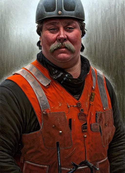 Prompt: a russian railroad electrician!!!, male!!, wearing orange vest!! helmet, straps, siberian forest!!, portrait, dirty, fat, ugly, intricate, elegant, highly detailed, digital painting, artstation, concept art, wallpaper, smooth, sharp focus, illustration, art by artgerm and greg rutkowski and alphonse mucha