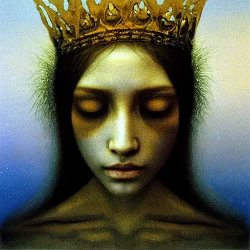 Prompt: young teen queen with long golden hairs in golden crown, very white pale, blue eyes, painting by Beksinski