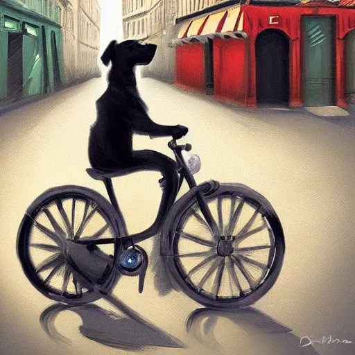 Image similar to artstation digital painting, a dog riding a bike in paris