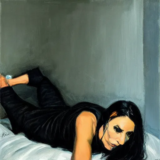 Image similar to Ground Level Shot, long shot of a beautiful dark haired woman wearing a black dress, laying on her back on a bed, holding old telephone hand peice with twisted cable by fabian perez