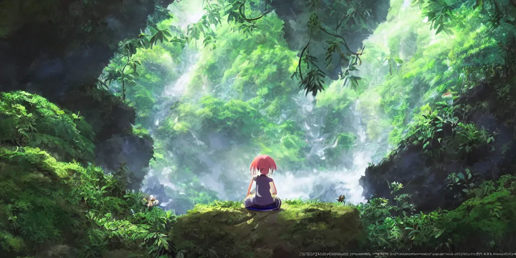 Image similar to anime girl looking into large cave entrance in a lush forest with waterfalls, fireflies, desaturated, beautiful ambiance, studio ghibli style, by hayao miyazaki, sharp focus, highly detailed, 4k