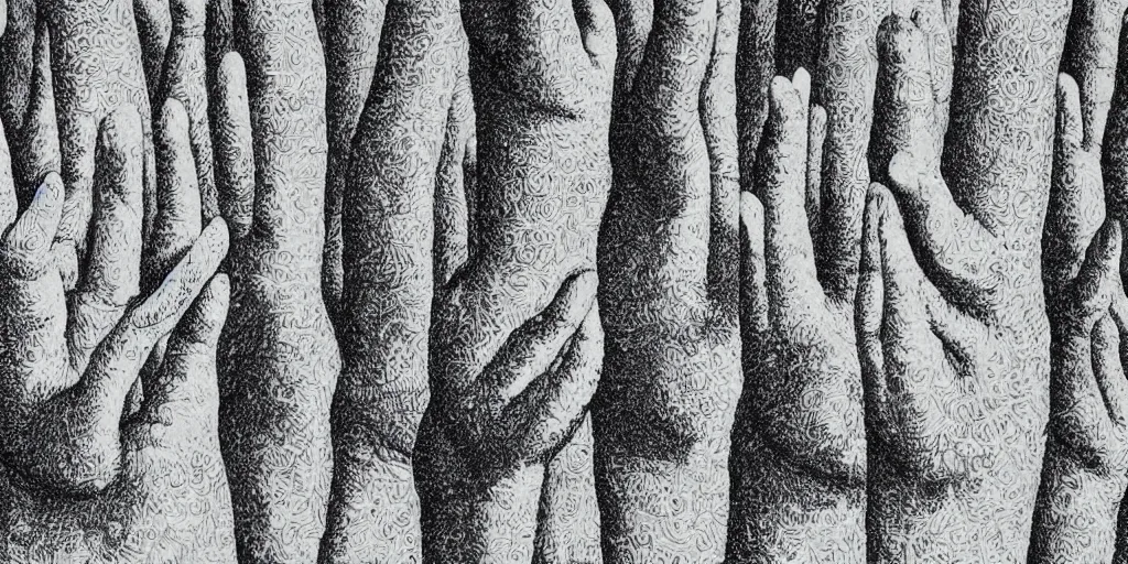 Image similar to hands stretched to form trees, grayscale, stippling