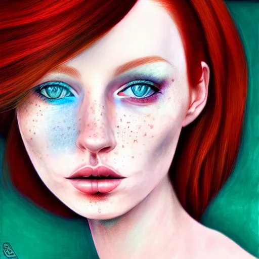 Image similar to a red haired, beautiful woman with blue / green eyes, some freckles, pale skin deep focus, elegant, digital painting, smooth, sharp focus, golden ratio, illustration, ultra realistic, 8 k, art by jasmine becket griffith