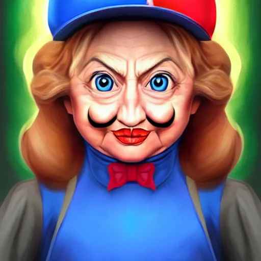 Prompt: Portrait of Hillary Clinton as super mario, fantasy, highly detailed, digital painting, artstation, concept art, sharp focus, illustration, art by Tony Sart and artgerm and randy vargas