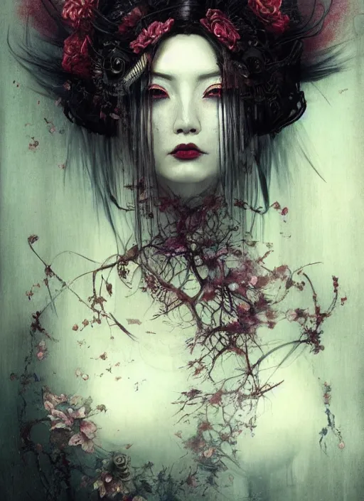 Prompt: gothic geisha painting, highly detailed, cinematic, 8 k, by stanley artgermm, tom bagshaw, greg rutkowski, carne griffiths, ayami kojima, beksinski, giger, trending on deviantart, hyper detailed, horror, full of colour,