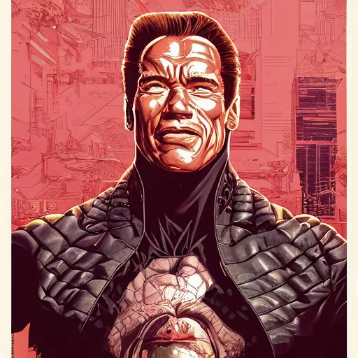 Image similar to portrait of arnold schwarzenegger, excited, symmetrical, by yoichi hatakenaka, masamune shirow, josan gonzales and dan mumford, ayami kojima, takato yamamoto, barclay shaw, karol bak, yukito kishiro