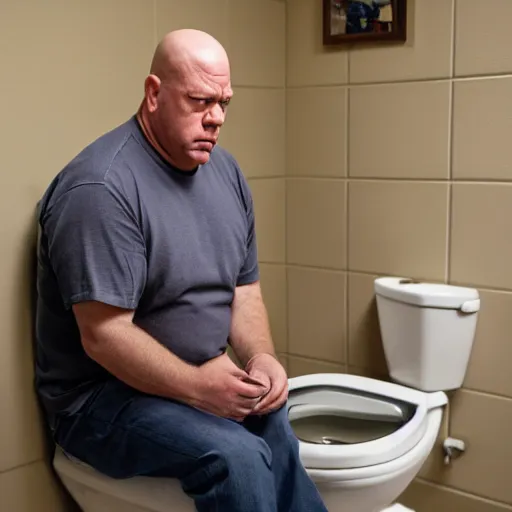 Image similar to a picture of hank schrader with a confused expression sitting on a toilet