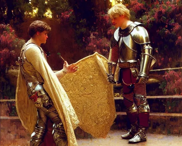 Prompt: arthur pendragon flirting wit his knight. the knight is also flirting back, highly detailed painting by gaston bussiere, craig mullins, j. c. leyendecker