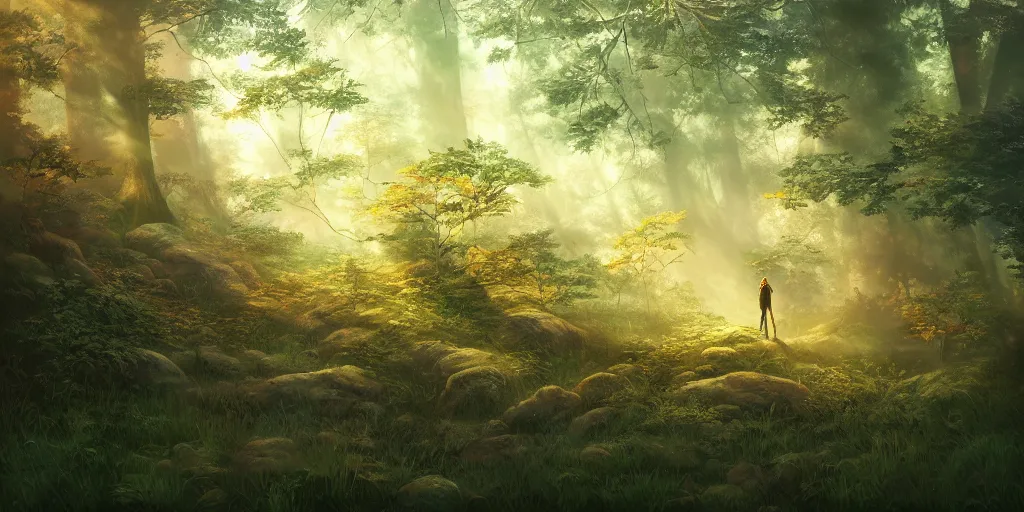 Image similar to a forest, oil painting, cinematic angle, hyperrealistic, cinematic lighting, Studio Ghibli, digital art, octane render, post-processing, beautiful composition, trending on artstation, masterpiece