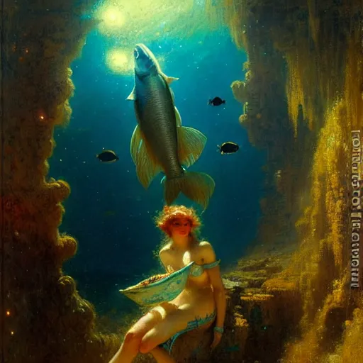 Prompt: i am at the bottom of the ocean looking up, see fishes swimming, the milk way up above, night time, midnight. highly detailed painting by gaston bussiere, greg rutkowski 8 k