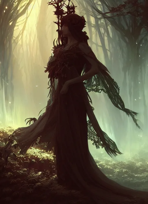 Prompt: a cinematic Necromancer, fantasy forest landscape, fantasy magic, dark light night, intricate, elegant, sharp focus, illustration, highly detailed, digital painting, concept art, matte, art by WLOP and Artgerm and Greg Rutkowski and Alphonse Mucha, masterpiece