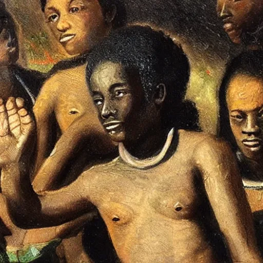 Image similar to painting of black slaves being freed from chains and shackles, detail, lighting