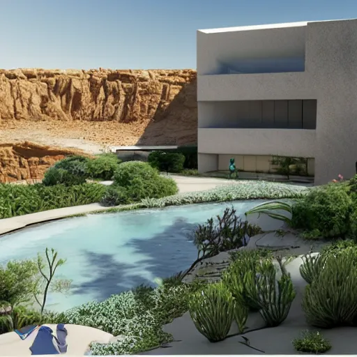 Image similar to architectural rendering of biophilia building in the desert, biomimetry, pool, garden