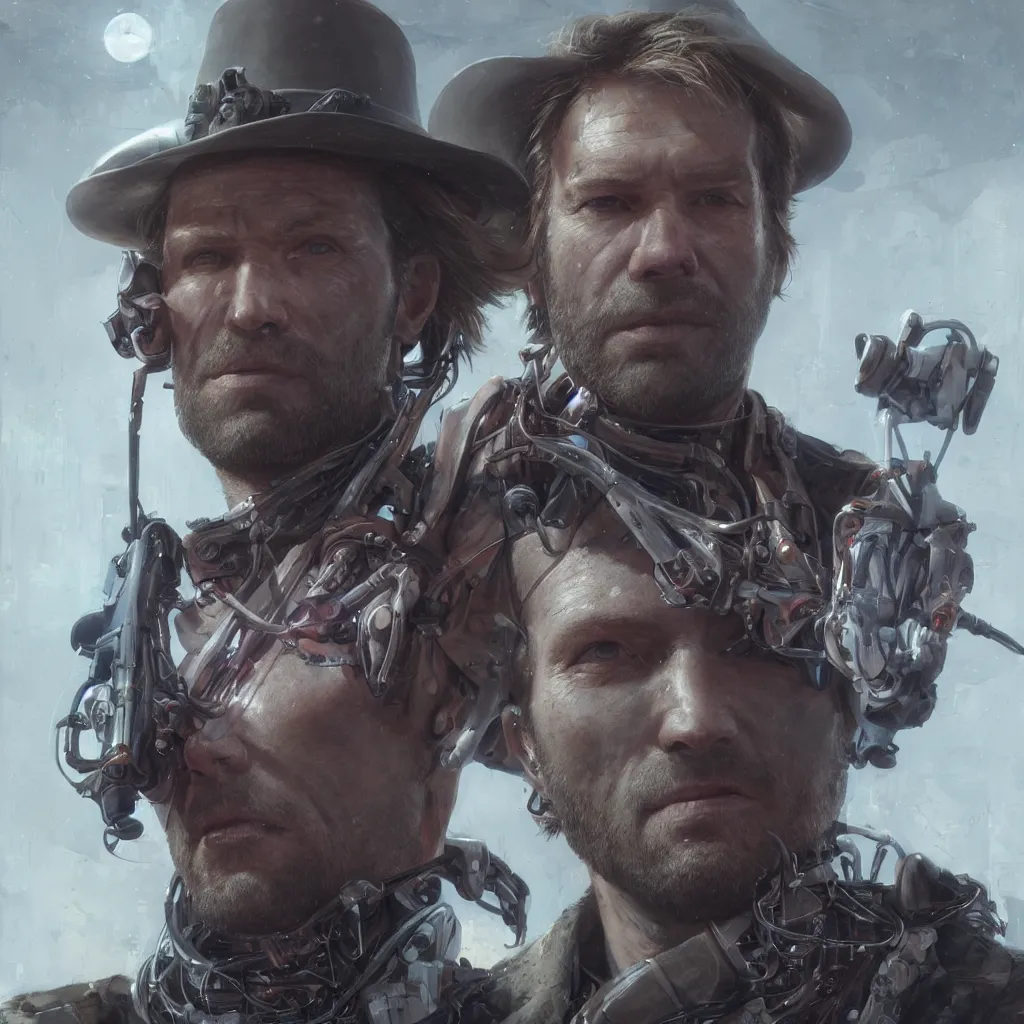 Prompt: a single close-up portrait of Arthur Morgan from Red Dead Redemption as a cyborg, barely human and largely biomechanical machine, hyper-realistic cyberpunk style, Peter Mohrbacher Takayuki Takeya moody, face by Yanjun Cheng, Irakli Nadar, dramatic cinematic lighting rendered by octane, 8k, detailed, intricate, clean and textures, trending on artstation, deviantart google images, pinterest