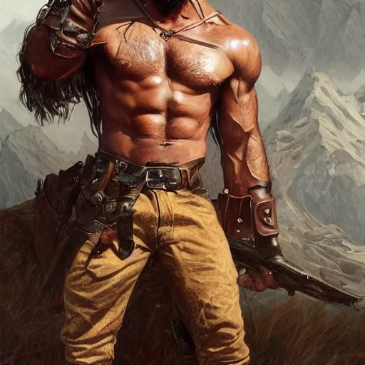 Image similar to portrait of a rugged ranger, coherent hands, handsome, muscular, upper body, leather, hairy torso, d & d, fantasy, intricate, elegant, highly detailed, digital painting, artstation, concept art, smooth, sharp focus, illustration, art by artgerm and greg rutkowski and alphonse mucha