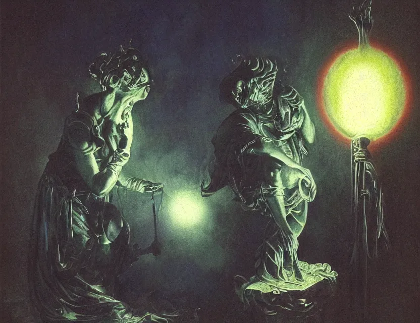 Prompt: a baroque neoclassicist portrait of a sculpture holding a dimly glowing alien rainbow orb in a dark moonlit courtyard at night. iridescent textures. glowing fog. highly detailed fantasy science fiction painting by moebius, norman rockwell, frank frazetta, and syd mead. rich colors, high contrast, gloomy atmosphere, dark background. artstation