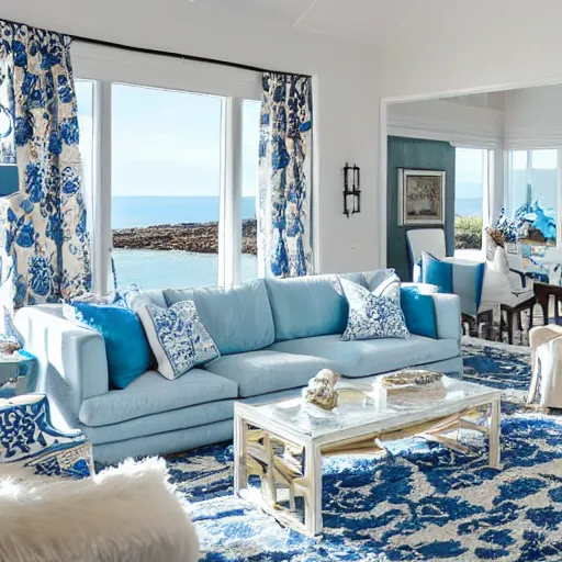 Prompt: A full shot of a coastal style living room with floor-to-ceiling windows with a sea view, inside the living room there is a white shag rug on top of which is a white sofa with blue and white patterned pillows and next to it is a marble coffee table, light blue walls, 4K photograph