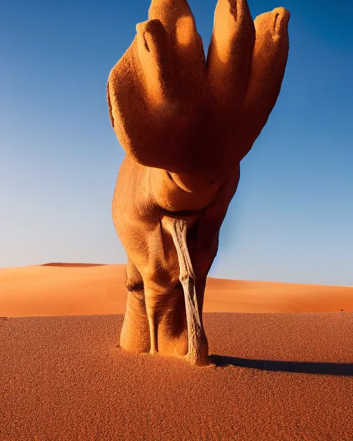 Image similar to photo of a giant human hand protruding from the sand in the sahara desert in the style of mano del desierto, a camel stands off in the distance, golden hour, bokeh
