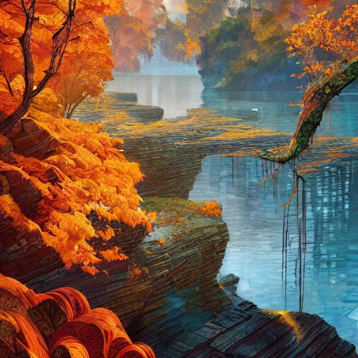 Image similar to river cliff autumn cryengine render detailed digital art art nouveau hyper realism by victo ngai, m. c. escher, greg rutkowski, leonid afremov, moebius, john stephens, tim white, frank gehry