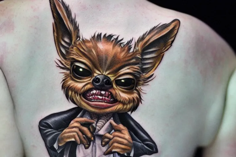 Prompt: a realistic tattoo of gizmo from the movie gremlins wearing a wedding suit and looking happy. neo modern tattoo school, tattoo, dslr