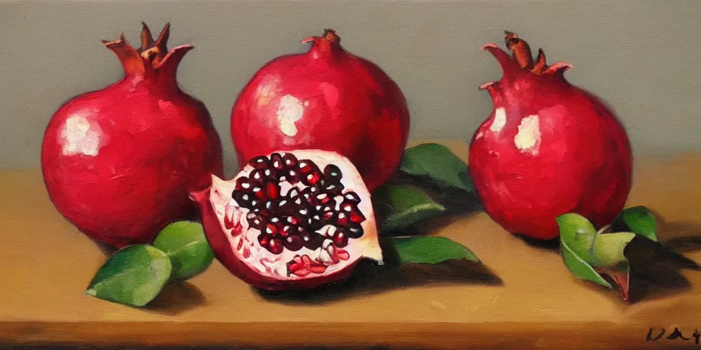 Image similar to pomegranates on the table, oil paint