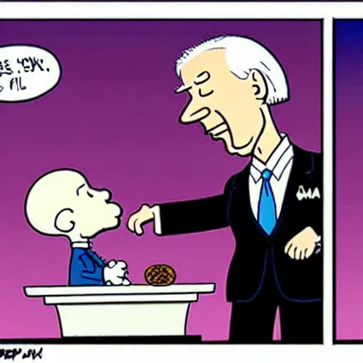 Image similar to a cartoon of joe biden pulling away the nuclear football before trump can kick it, cartoon in the style of peanuts by charles schulz