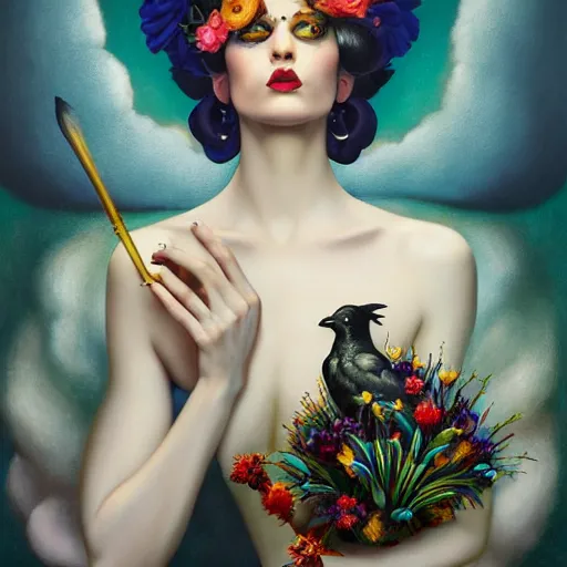 Image similar to dynamic composition, a painting of a woman with hair of flowers and raven plummage wearing ornate earrings, a surrealist painting by tom bagshaw and jacek yerga and tamara de lempicka and jesse king, featured on cgsociety, pop surrealism, surrealist, dramatic lighting, wiccan, pre - raphaelite, ornate gilded details