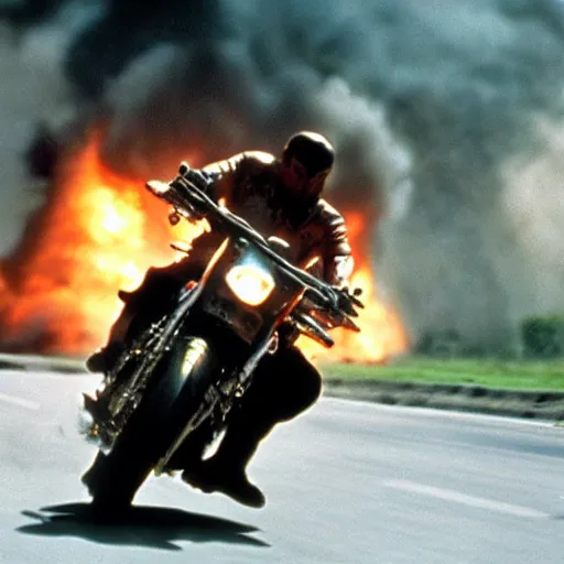 Prompt: film still from the 'Epic Action Movie' (1995). Exciting action scene of a motorcycle and explosions. Sigma 85mm f/8