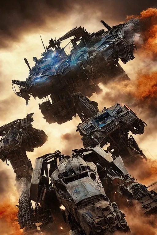 Image similar to epic sandstorm battle, Action, movie pacific rim, in the Movie transformers, in the Movie Mad Max: Fury Road (2015), by drew struzan