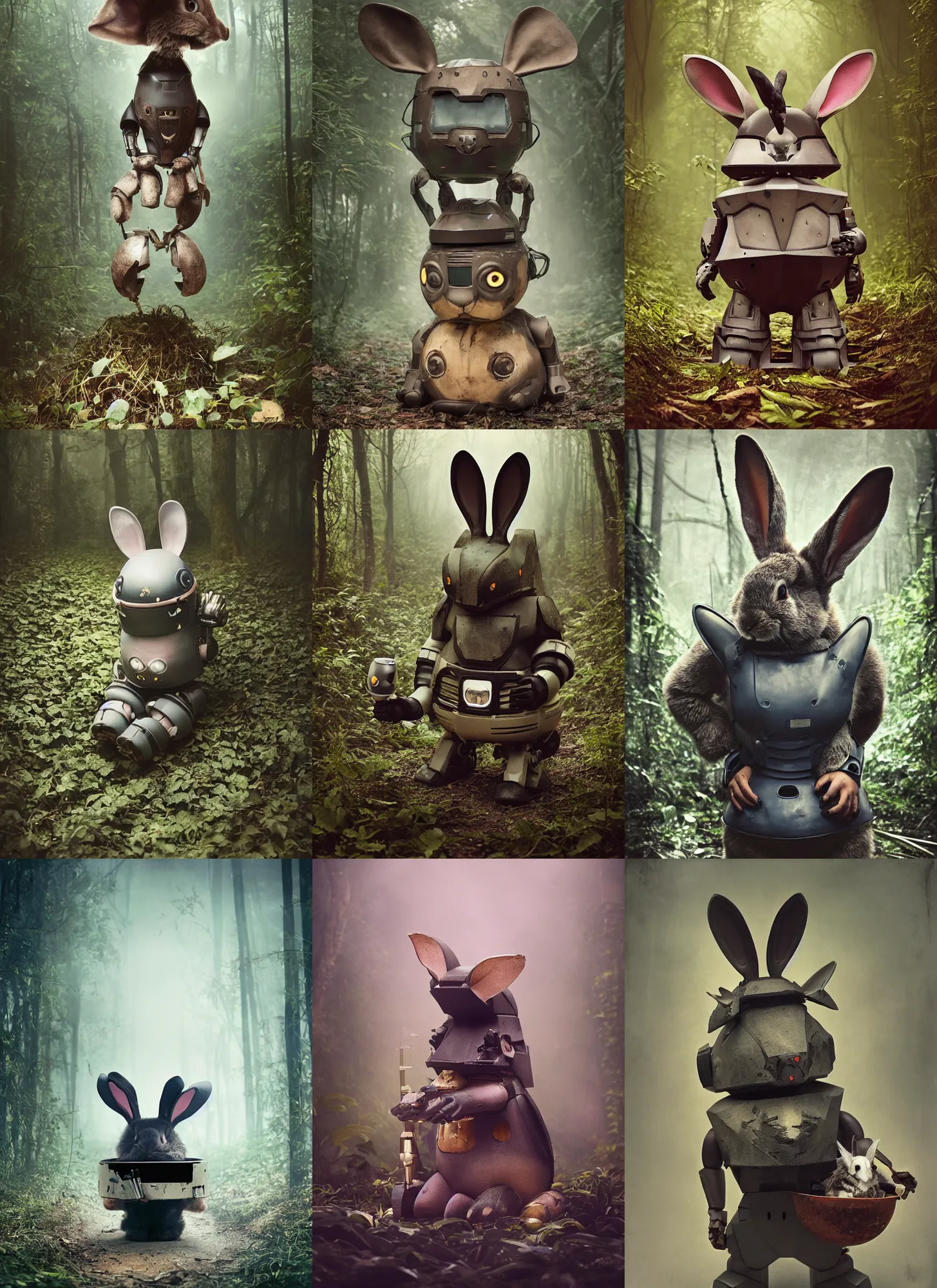 Prompt: dark night oversized battle rabbit robot chubby fatmech bucket bowl with big ears with rabbit sitting inside, in jungle forest, full body, nighttime, cinematic focus, polaroid photo, vintage, neutral dull colors, soft lights, foggy, overcast by oleg oprisco, by thomas peschak, by discovery channel, by victor enrich, by gregory crewdson