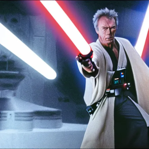 Prompt: clint eastwood holding lightsaber in star wars episode 3, 8k resolution, full HD, cinematic lighting, award winning, anatomically correct