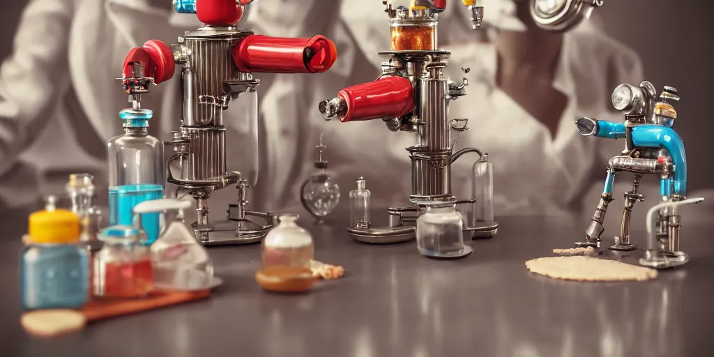 Image similar to closeup portrait of tin toy retro chemist robot mixing chemicals and cooking pastry cake in a kitchen, depth of field, zeiss lens, detailed, centered, fashion photoshoot, by nicoletta ceccoli, mark ryden, lostfish, breathtaking, 8 k resolution, extremely detailed, beautiful, establishing shot, artistic, hyperrealistic, octane render