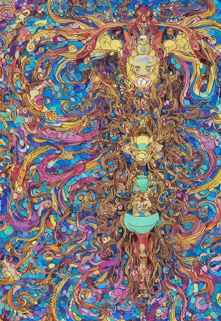 Image similar to bicameral humanoid mythical beast, fantastical, cute, and beautiful hybrid of different animals, a humorous psychedelic creature concept design by Moebius, Studio Ghibli, in the style of Takashi Murakami, symmetrical 4K