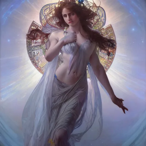 Image similar to a stunning dynamic pose full body of a celestial goddess of the ethereal cosmos, intricate, 8k highly professionally detailed, hdr, CGSociety, dark fantasy, dynamic lighting, cinematic, pristine, smooth, cosplay, elegant, sharp focus, art by alphonse mucha and greg rutkowski,